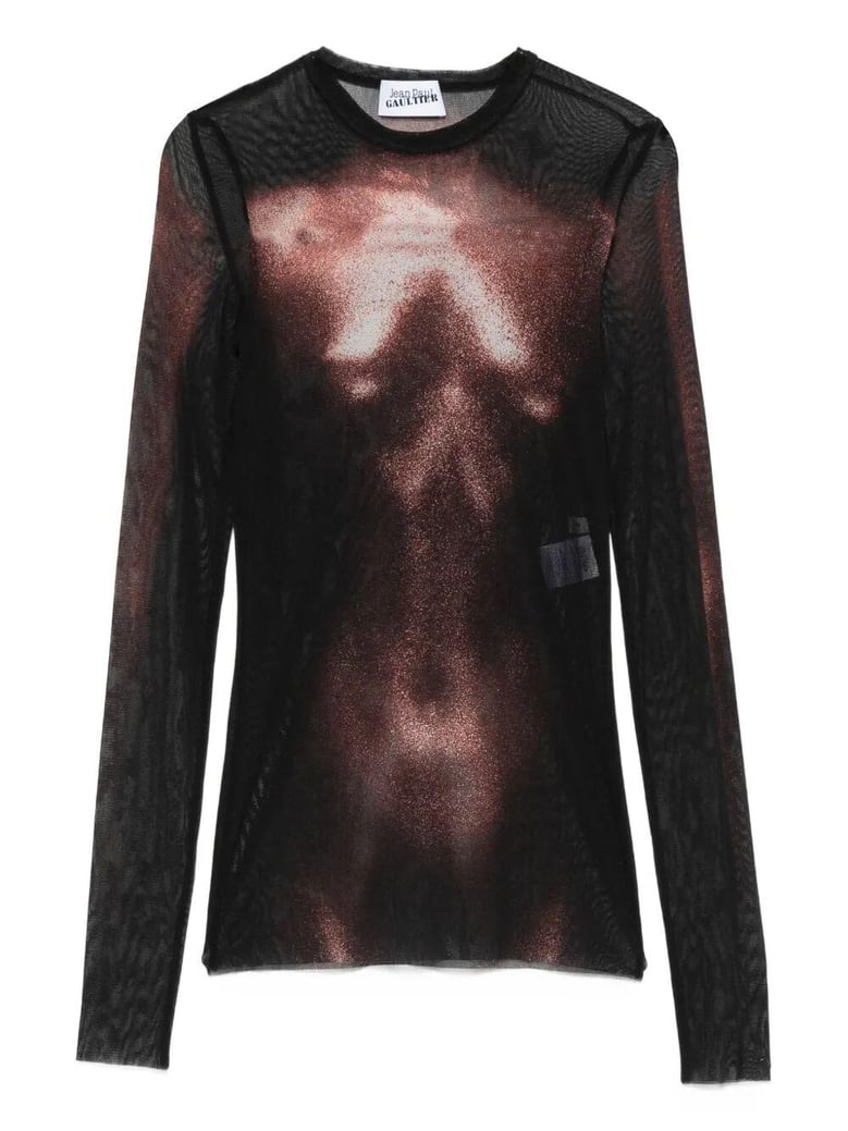 mesh crew neck top with long sleeves printed body dust by Selfnex