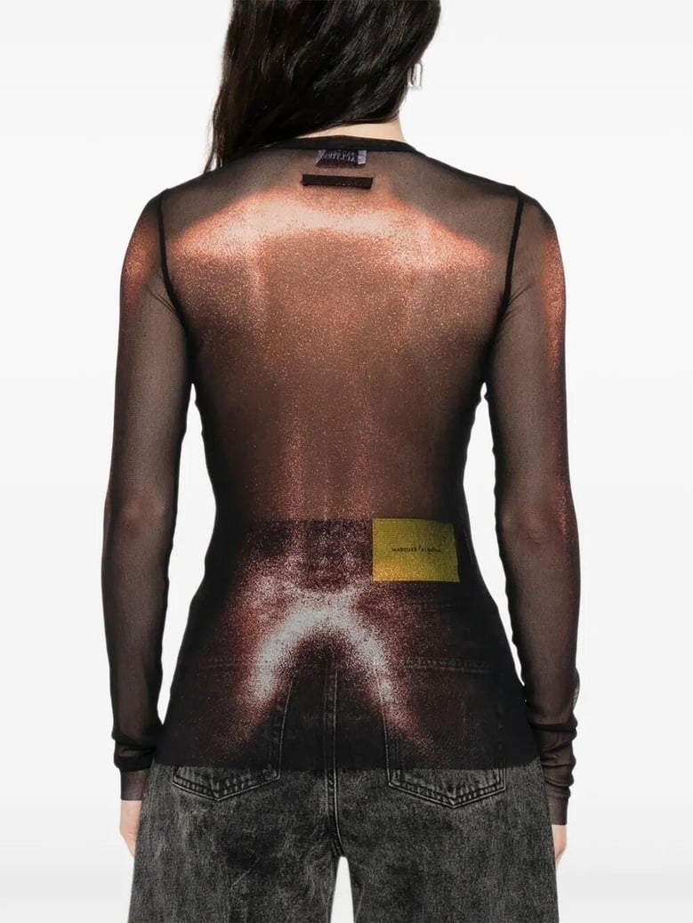 mesh crew neck top with long sleeves printed body dust by Selfnex