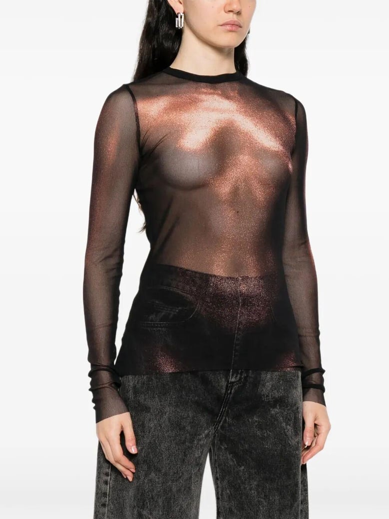 mesh crew neck top with long sleeves printed body dust by Selfnex