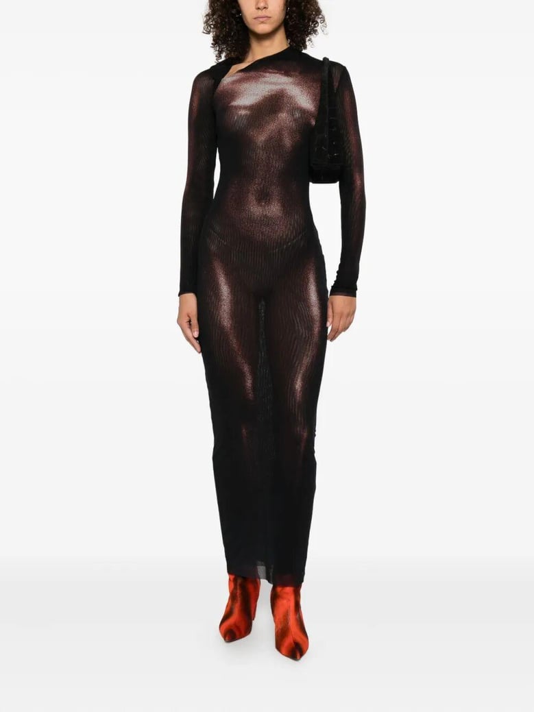 mesh asymetric collar long dress printed body dust by Selfnex