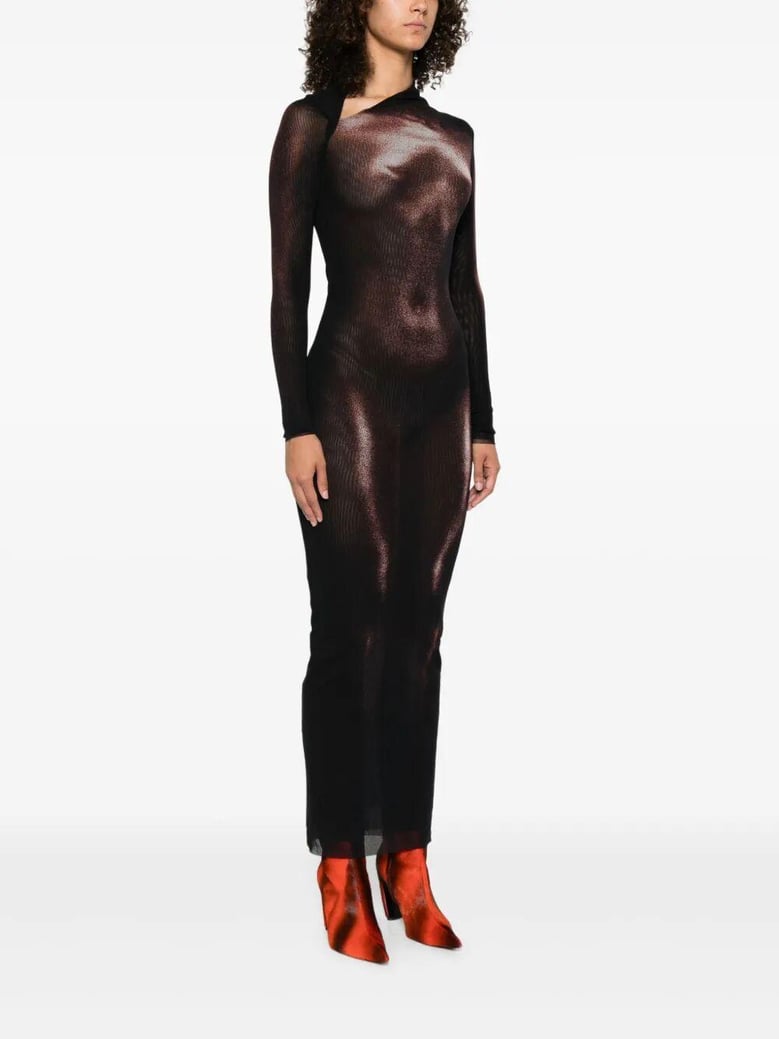 mesh asymetric collar long dress printed body dust by Selfnex