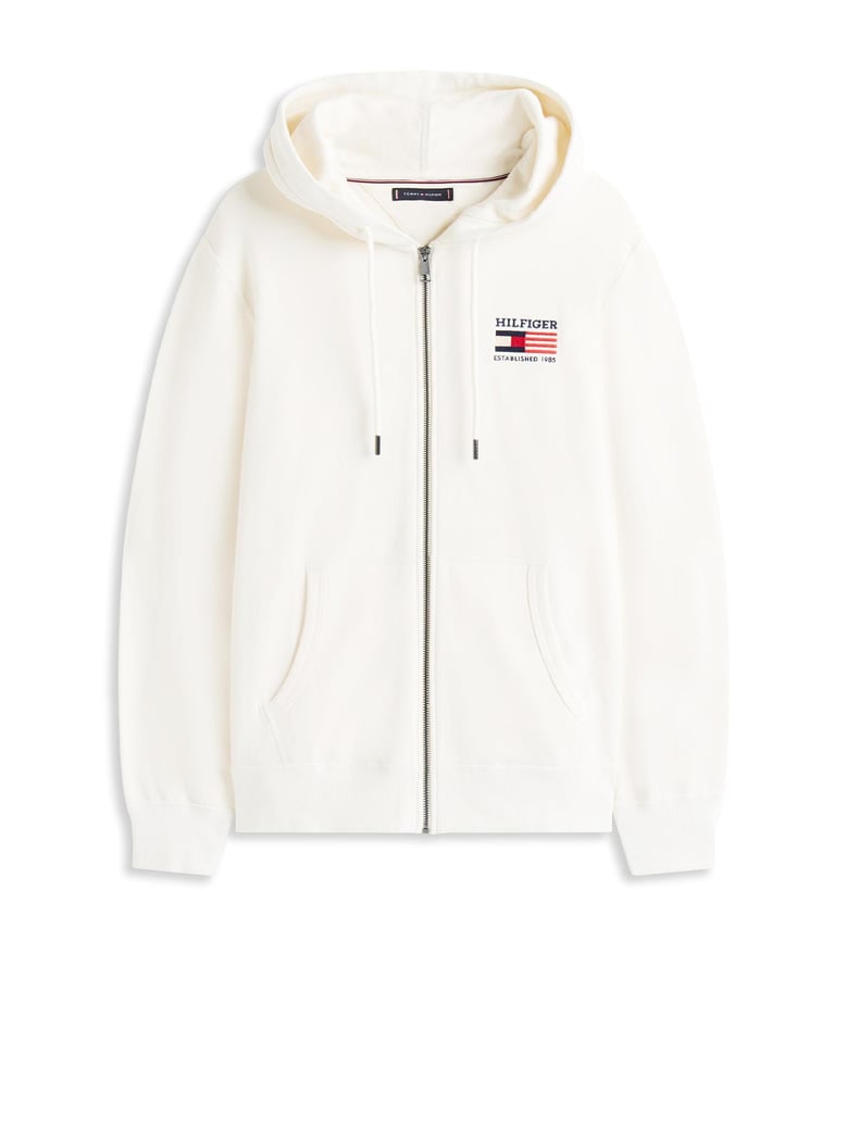 ivory hoodie with logo front zip closure by Selfnex
