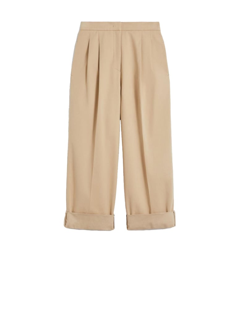 max mara weekend trousers in beige comfort cotton gabardine featuring a wide leg silhouette with high cuffs at the bottom by Selfnex