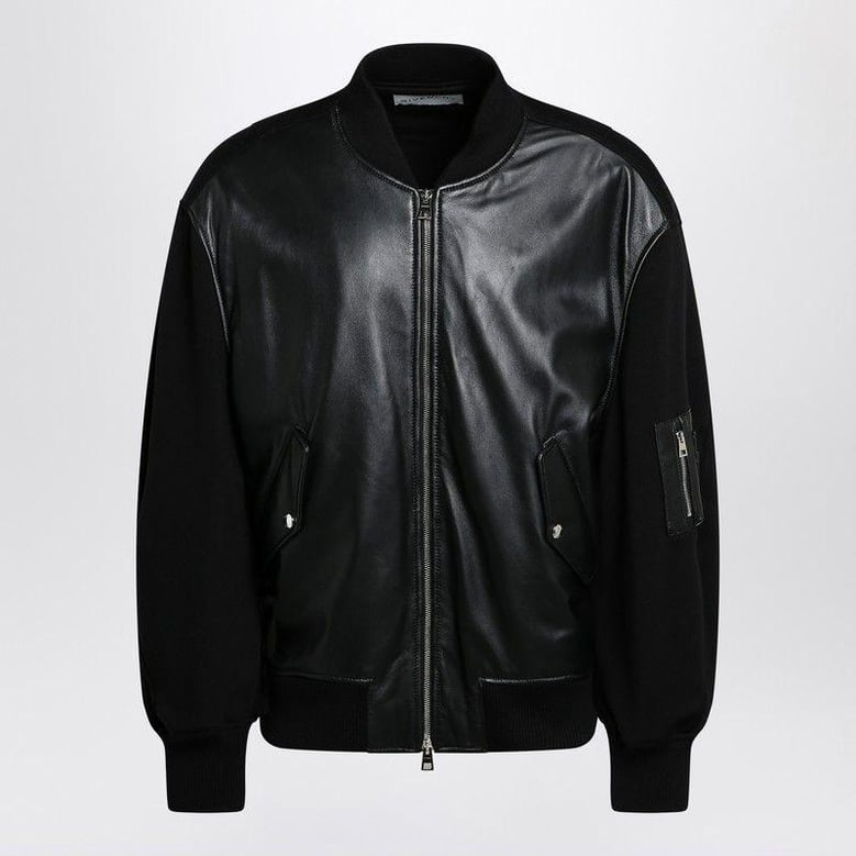black leather bomber jacket with wool sleeves by Selfnex