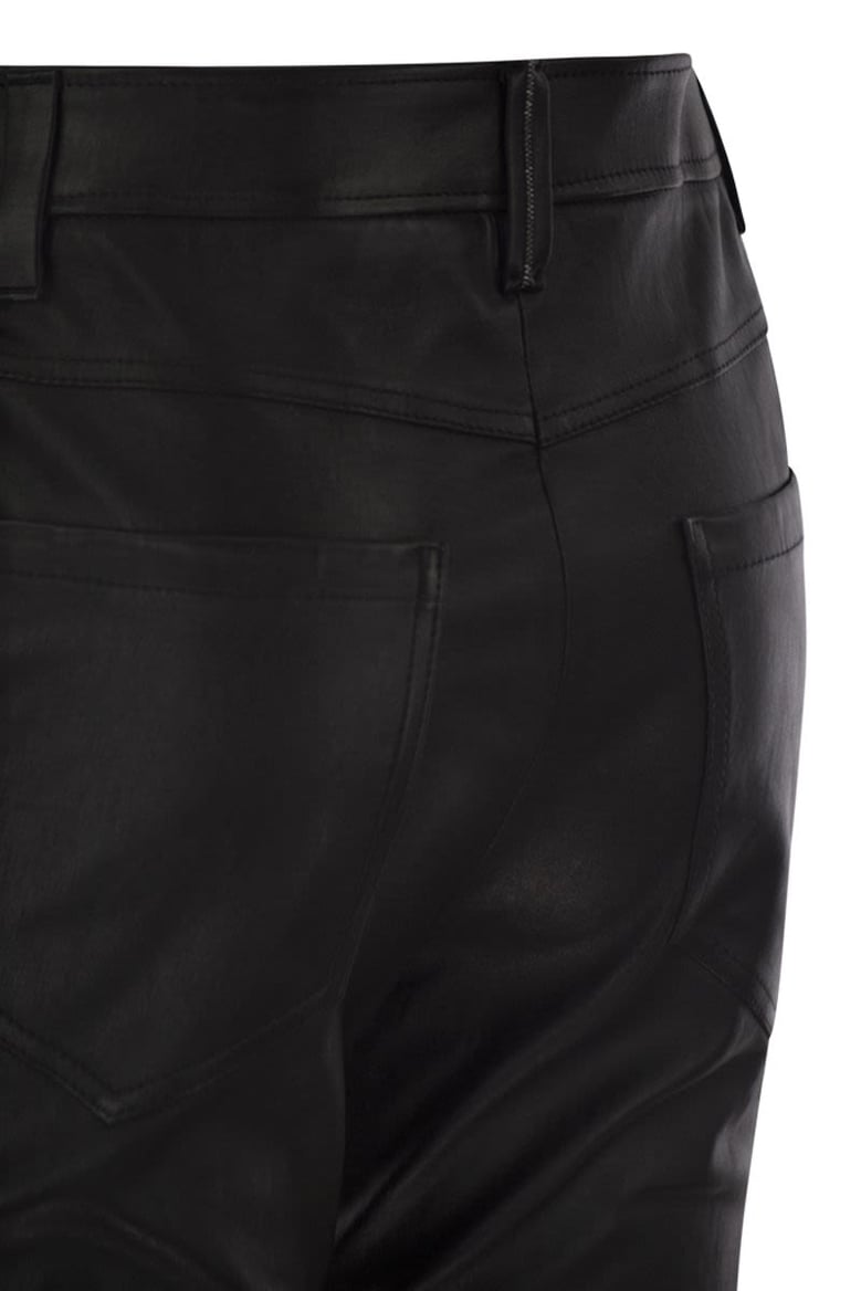 stretch nappa leather square cigarette trousers with jewellery by Selfnex