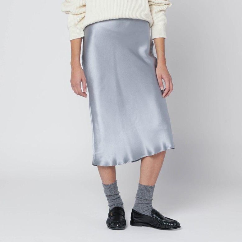 pastel blue silk midi skirt by Selfnex