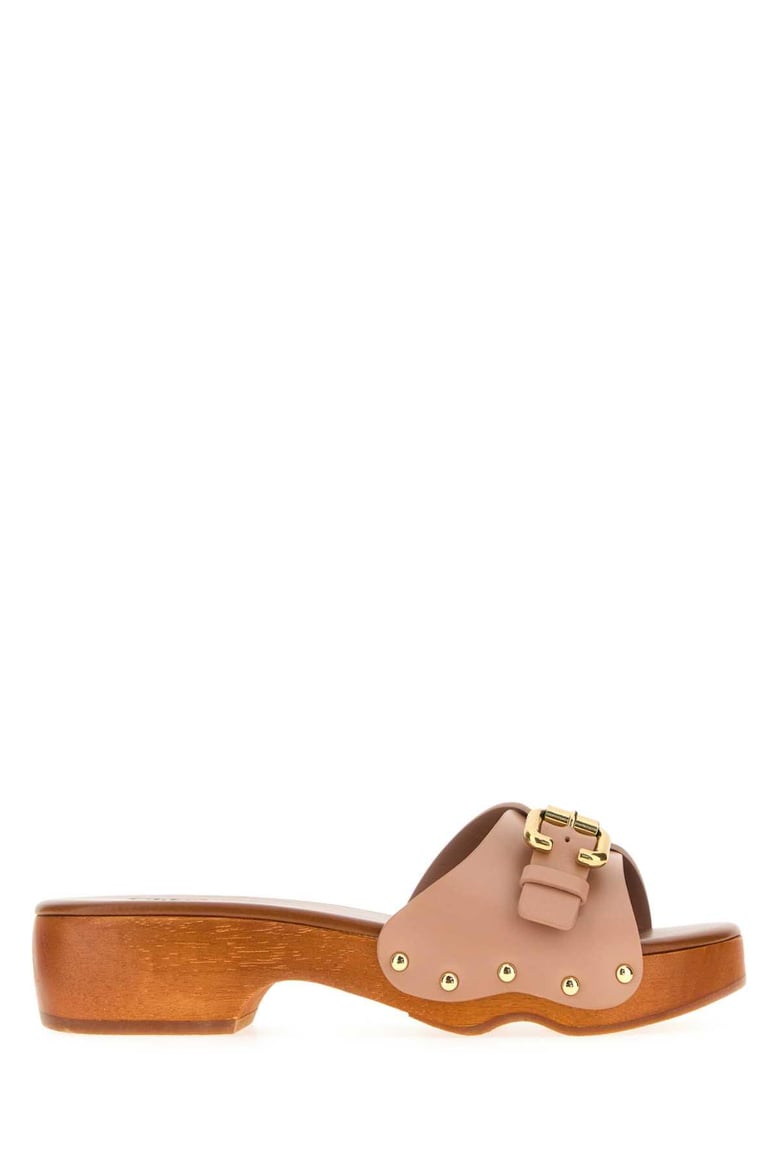 powder pink leather jeanette clogs by Selfnex