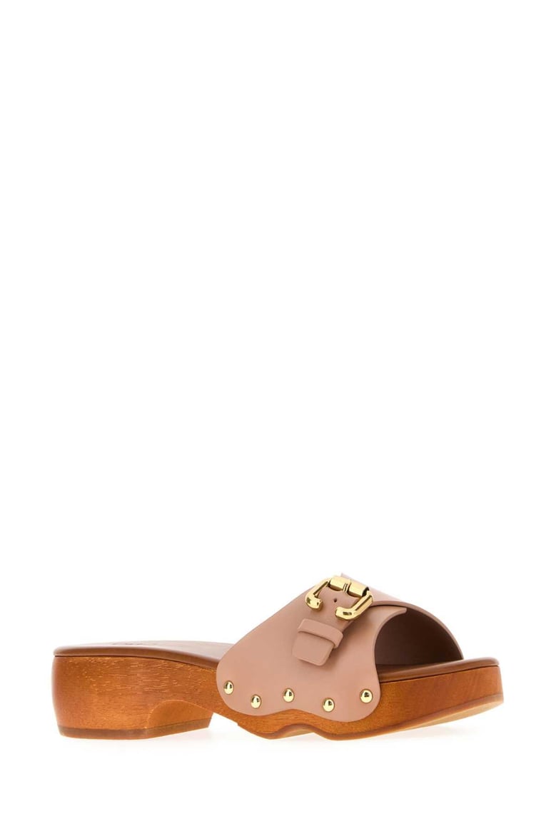 powder pink leather jeanette clogs by Selfnex