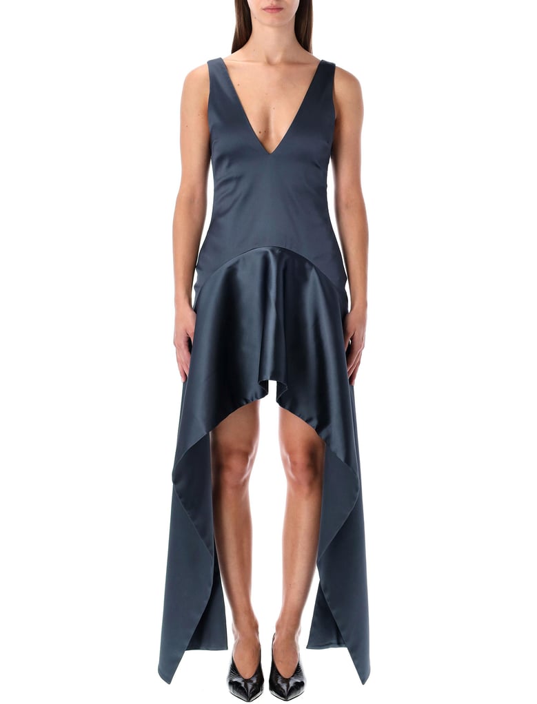 steel blue v-neck draped mini dress by Selfnex