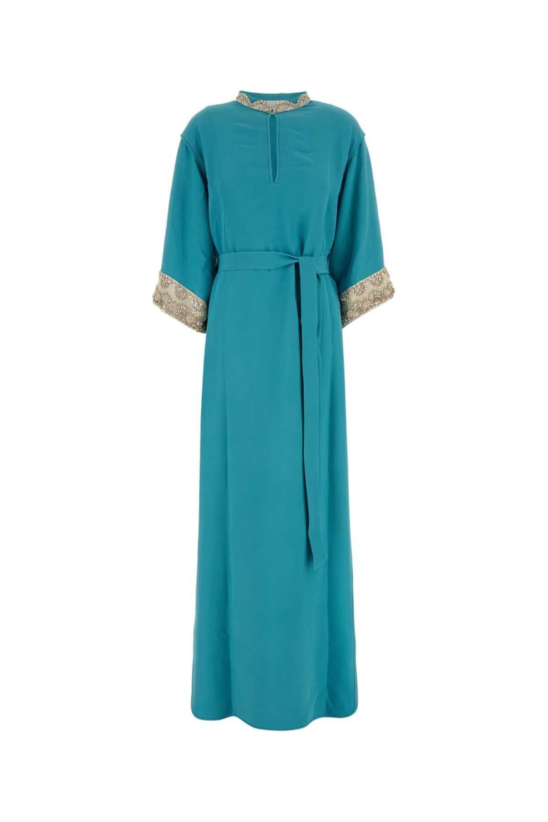 turquoise crepe long dress by Selfnex