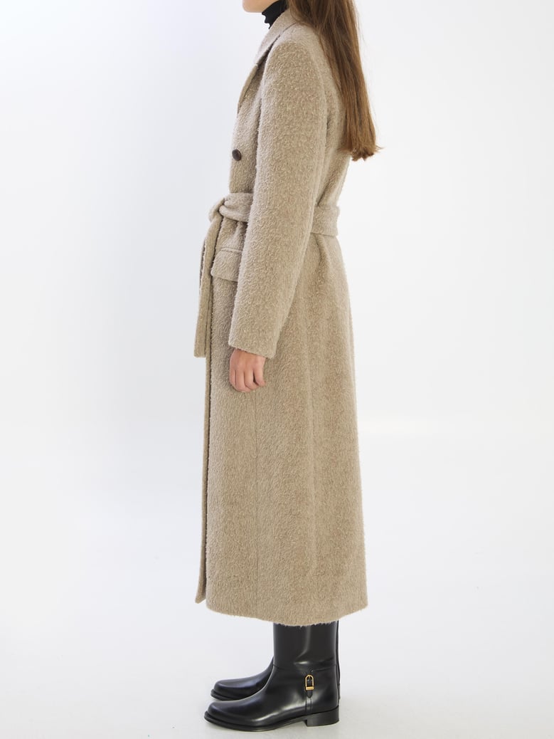 greige wool-blend belted coat by Selfnex