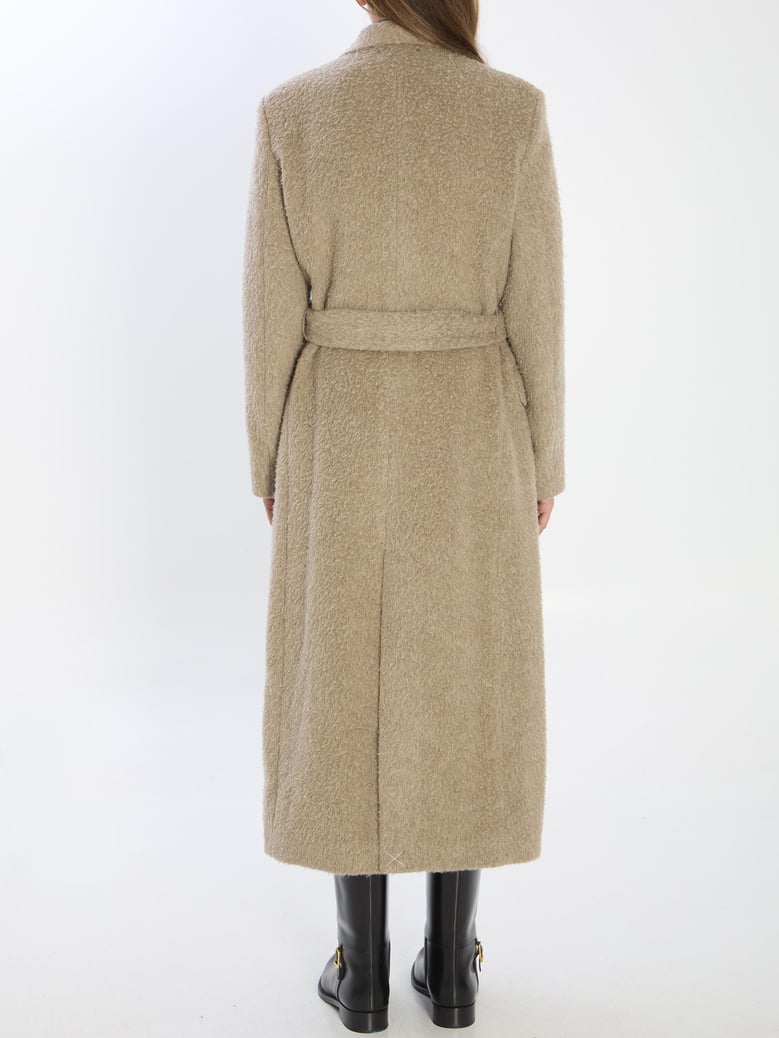 greige wool-blend belted coat by Selfnex