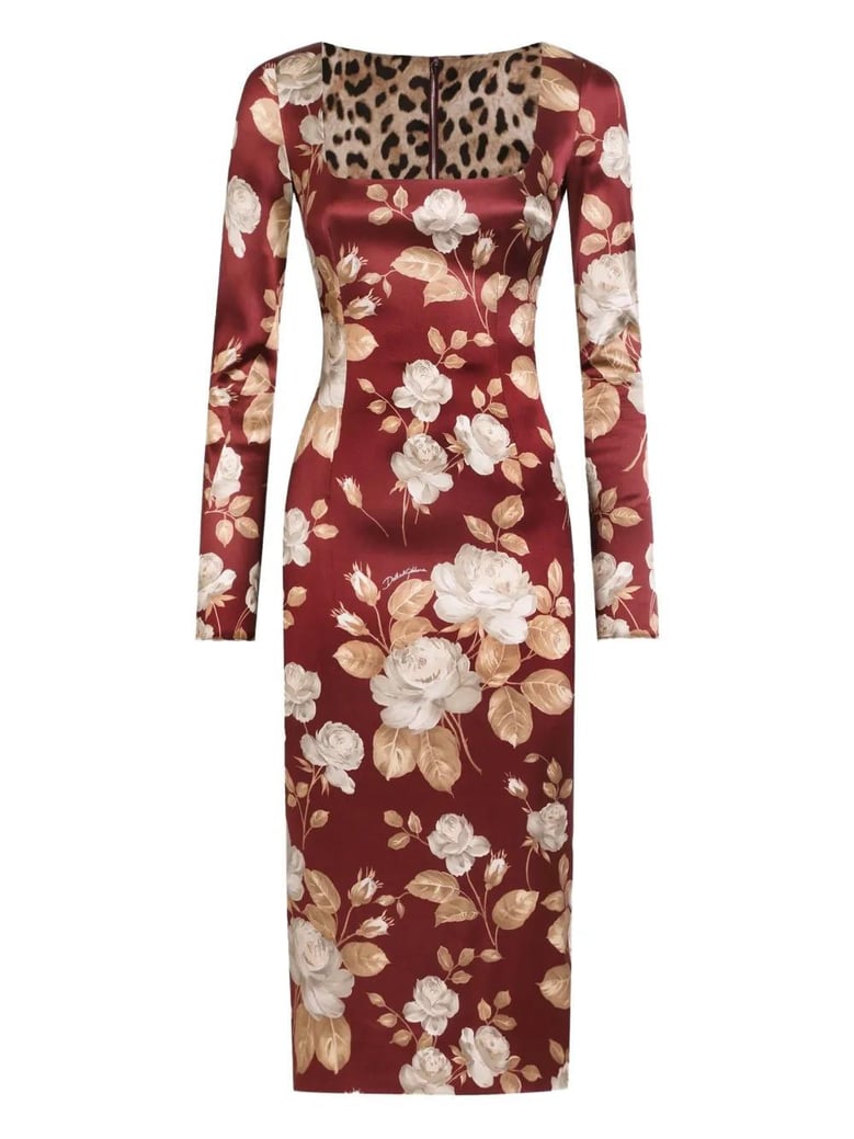 burgundy satin dress with floral print by Selfnex