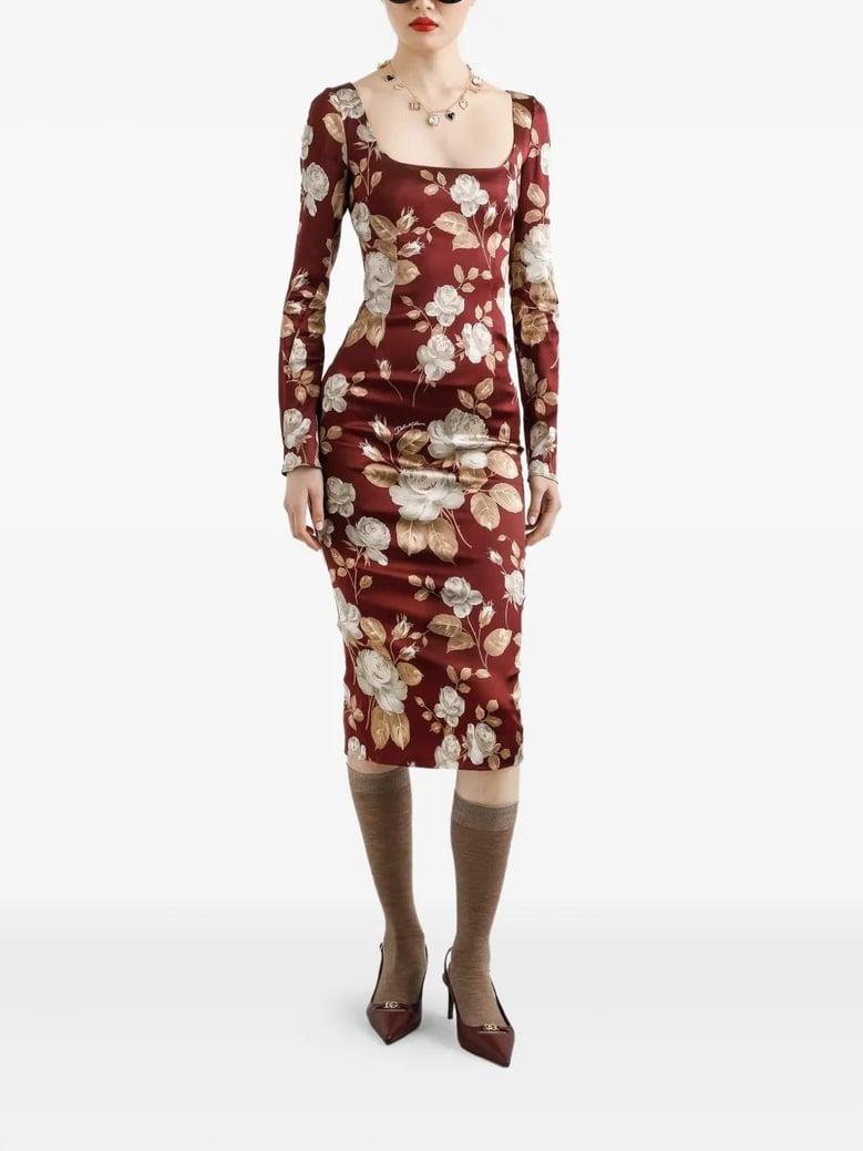 burgundy satin dress with floral print by Selfnex