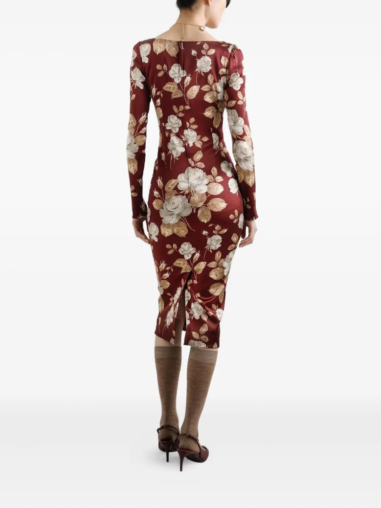 burgundy satin dress with floral print by Selfnex