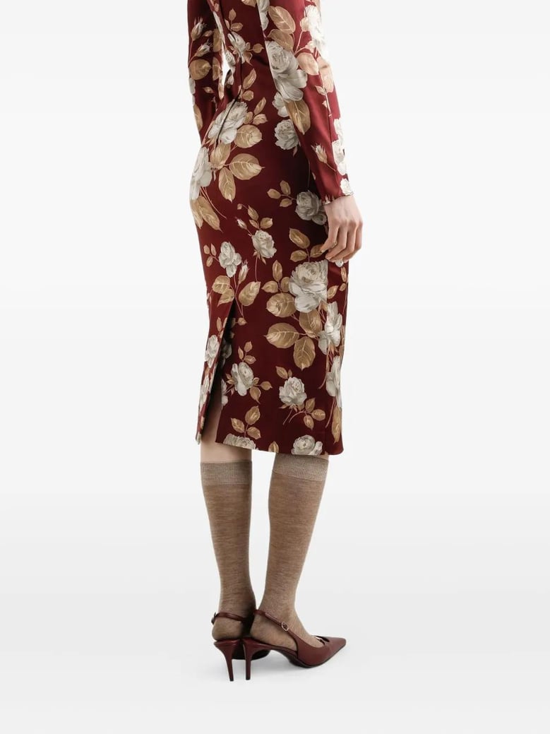 burgundy satin dress with floral print by Selfnex