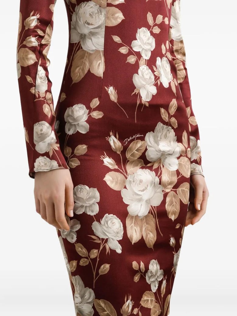 burgundy satin dress with floral print by Selfnex