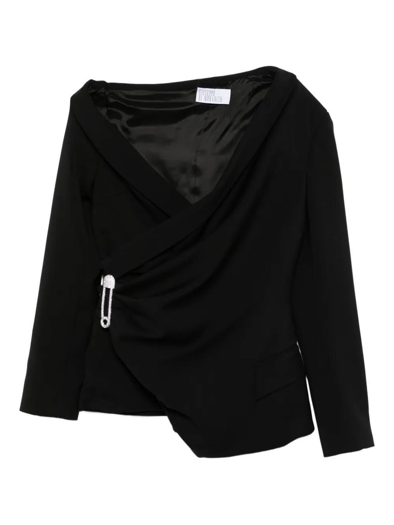 asymmetrical black jacket with brooch detail by Selfnex