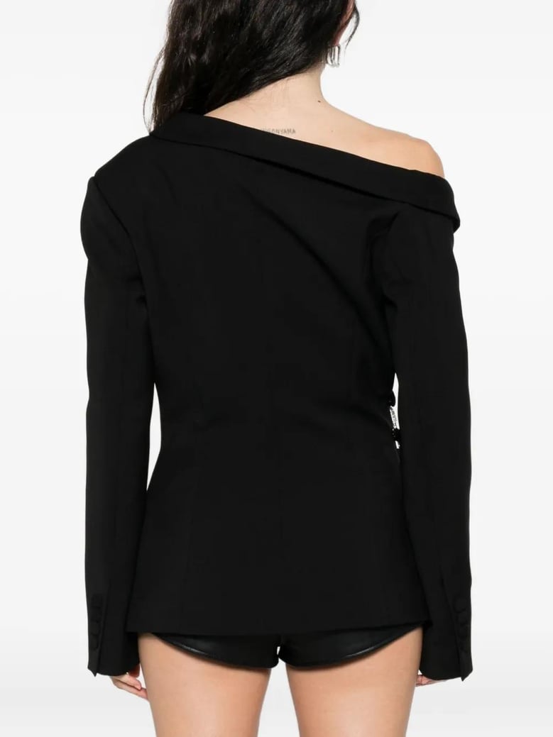 asymmetrical black jacket with brooch detail by Selfnex