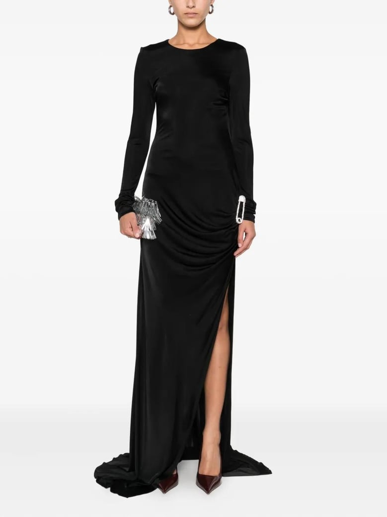 long black dress with brooch detail by Selfnex