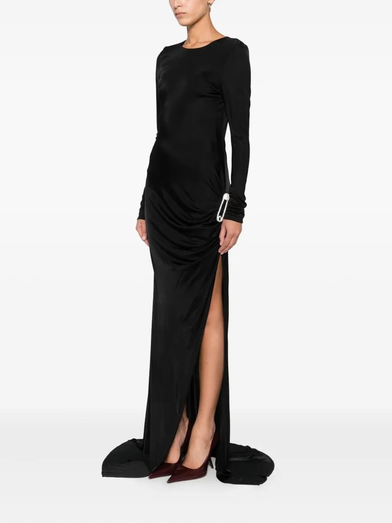 long black dress with brooch detail by Selfnex