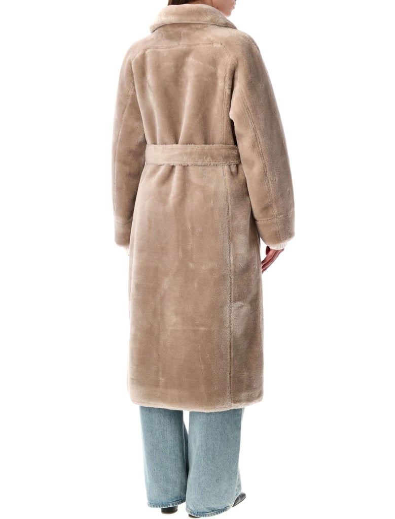 reversible faux fur belted coat with suede interior by Selfnex