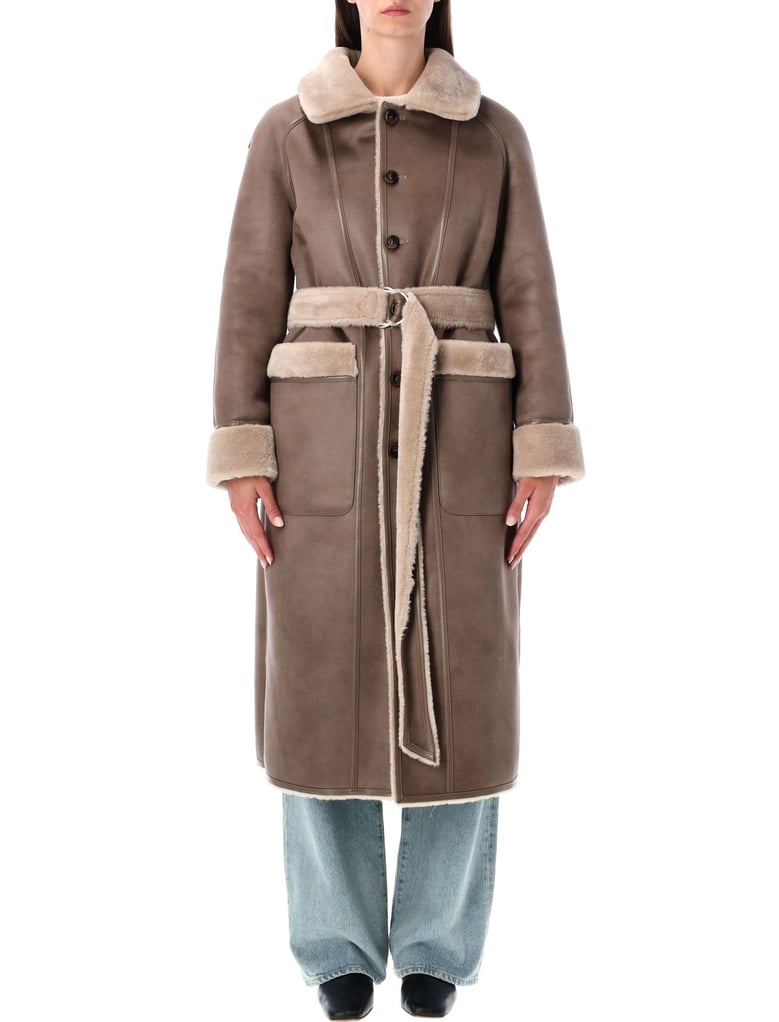 reversible faux fur belted coat with suede interior by Selfnex