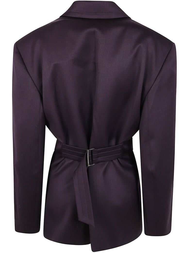 magda butrym burgundy belted double-breasted blazer by Selfnex