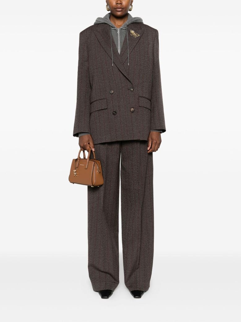 brown pinstripe wool wide-leg trousers by Selfnex