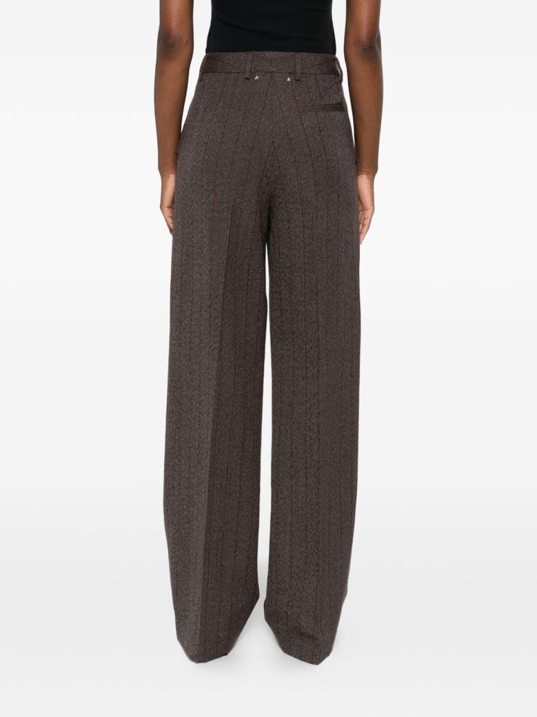 brown pinstripe wool wide-leg trousers by Selfnex