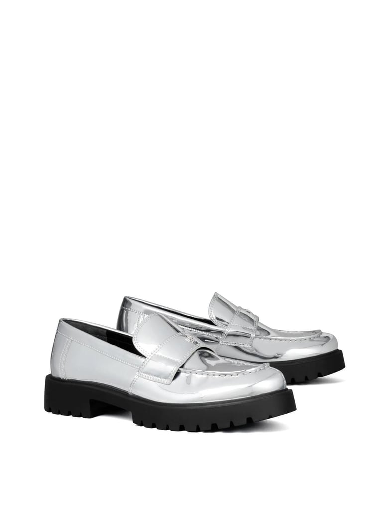 mirrored metallic classic logo lug loafers by Selfnex