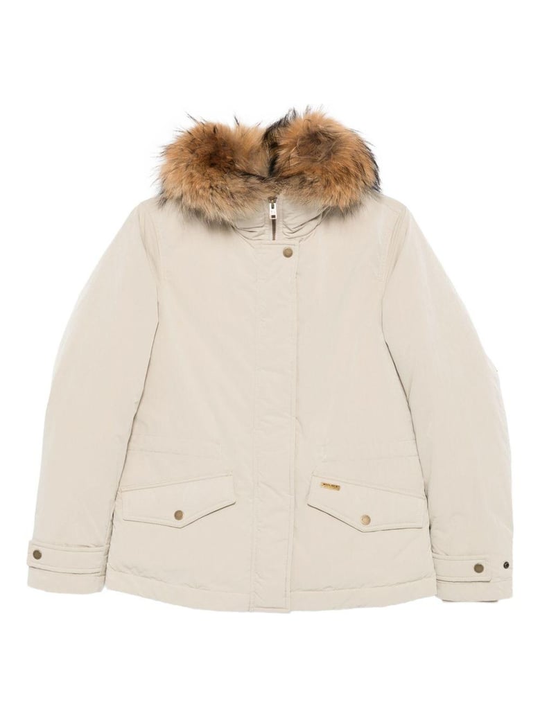 beige fur trim coat by Selfnex