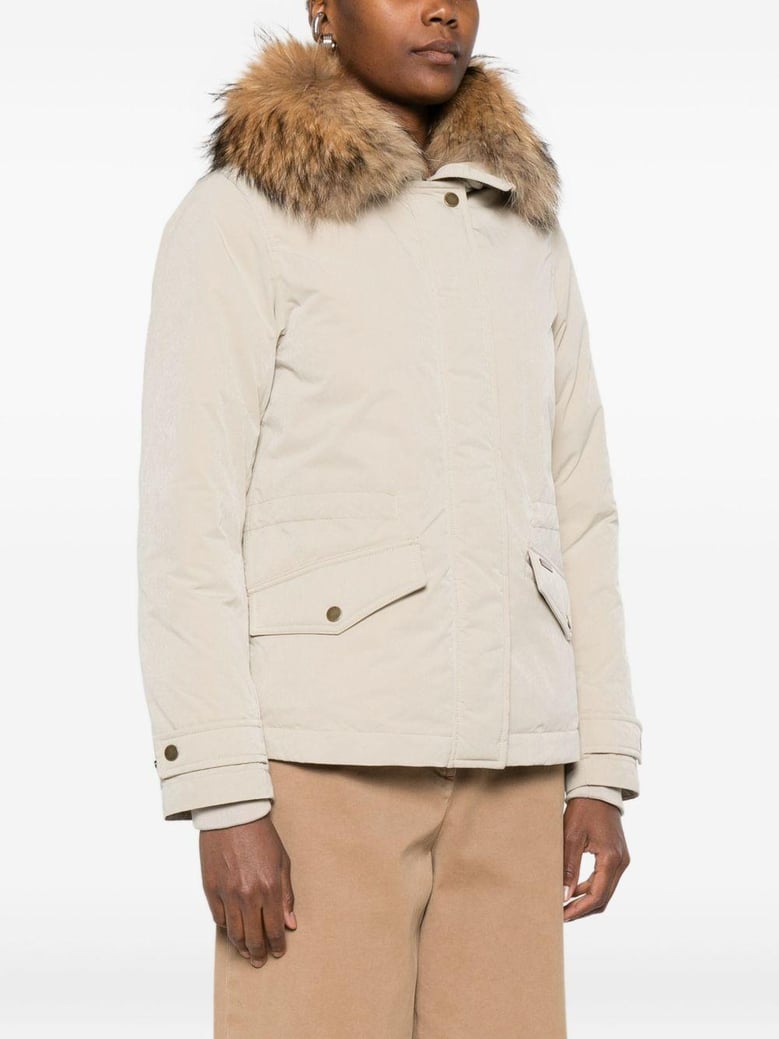 beige fur trim coat by Selfnex