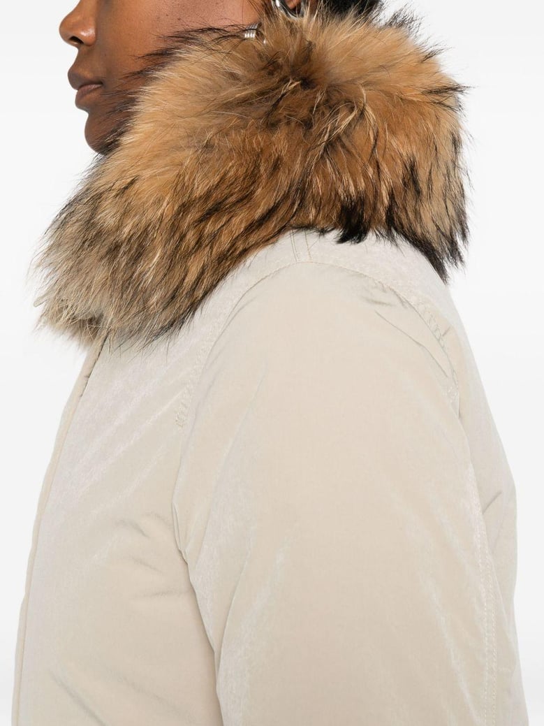 beige fur trim coat by Selfnex