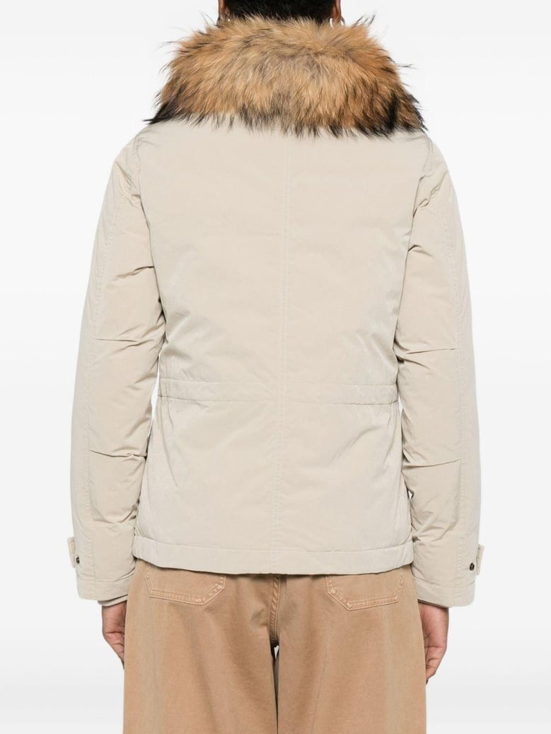 beige fur trim coat by Selfnex