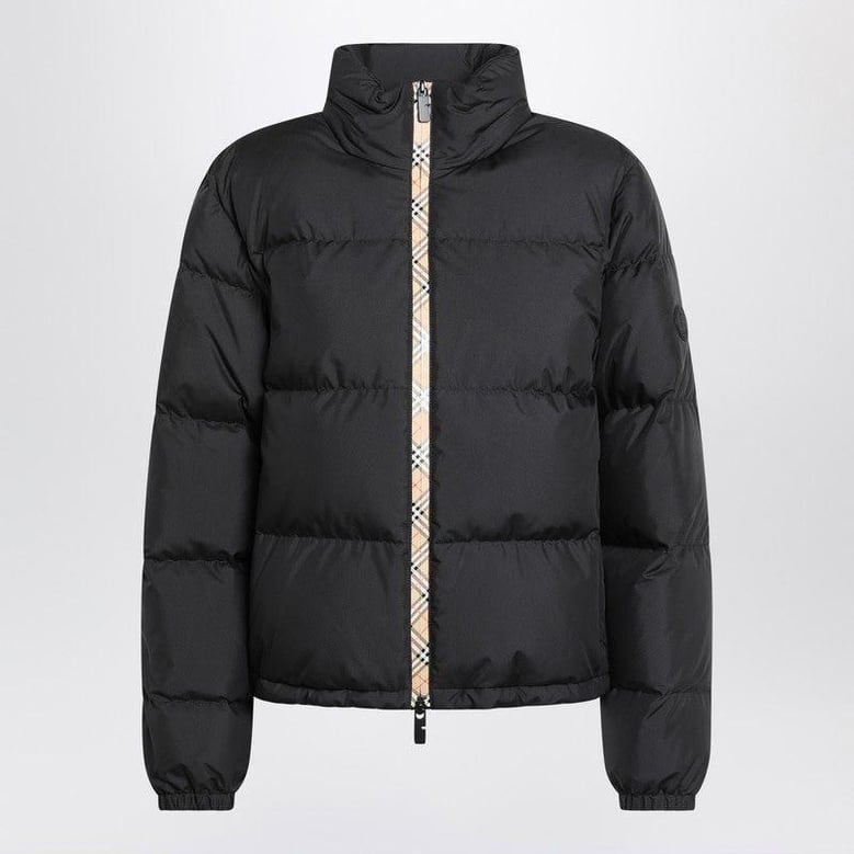 black zip-up puffer jacket with check detail by Selfnex