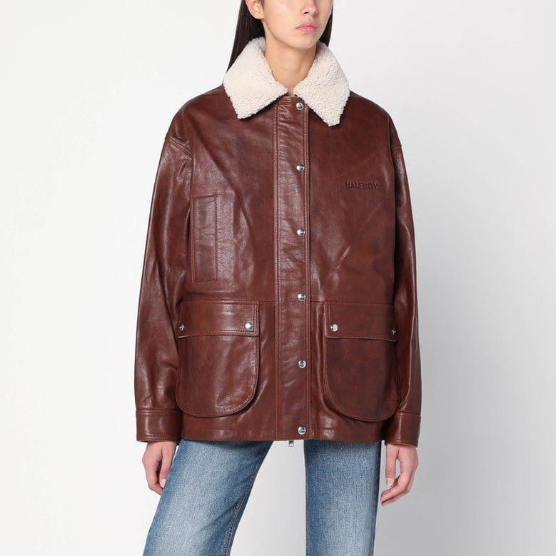 brown leather jacket with shearling collar by Selfnex