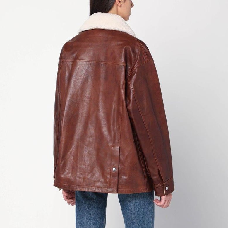 brown leather jacket with shearling collar by Selfnex