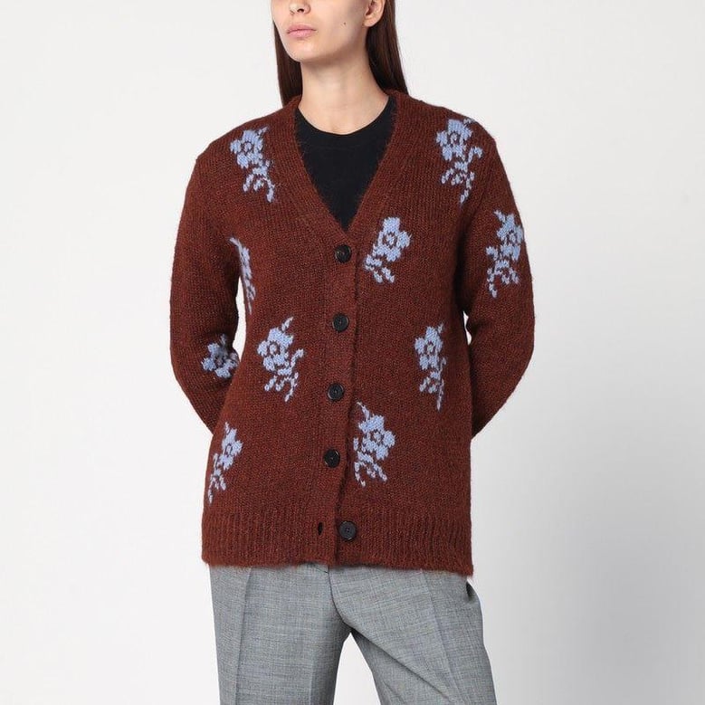 brown cardigan with floral inlay by Selfnex