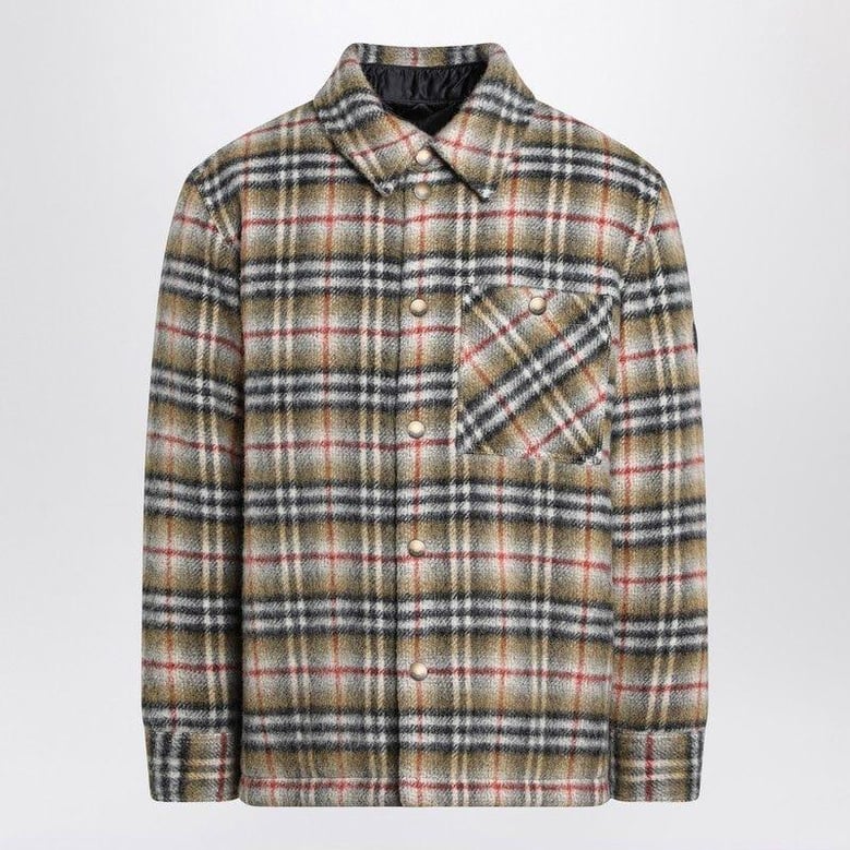 beige checked wool shirt jacket by Selfnex