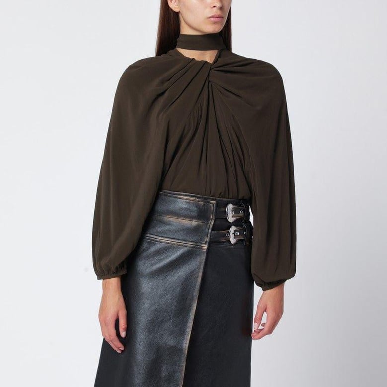 black draped silk top by Selfnex