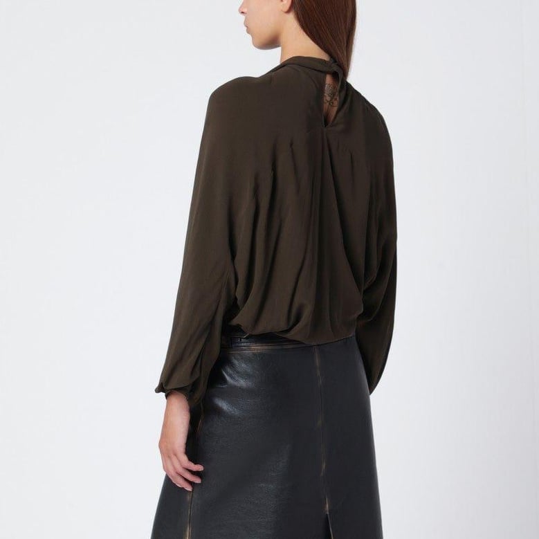 black draped silk top by Selfnex