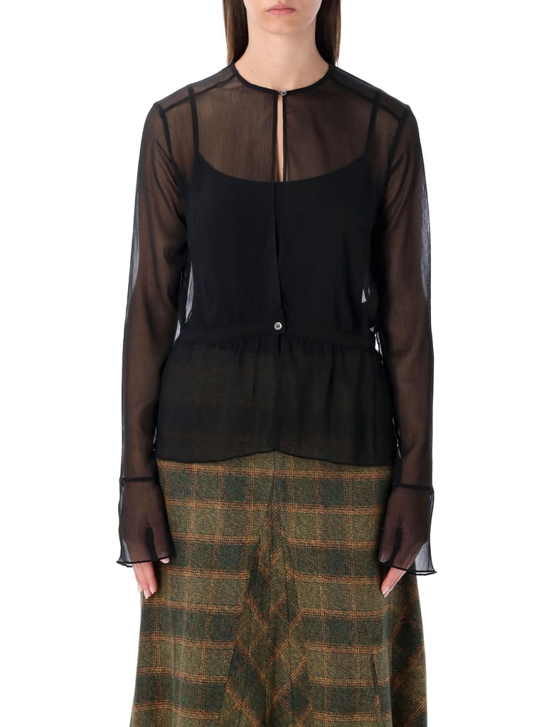 our legacy black sheer crinkle waist blouse by Selfnex