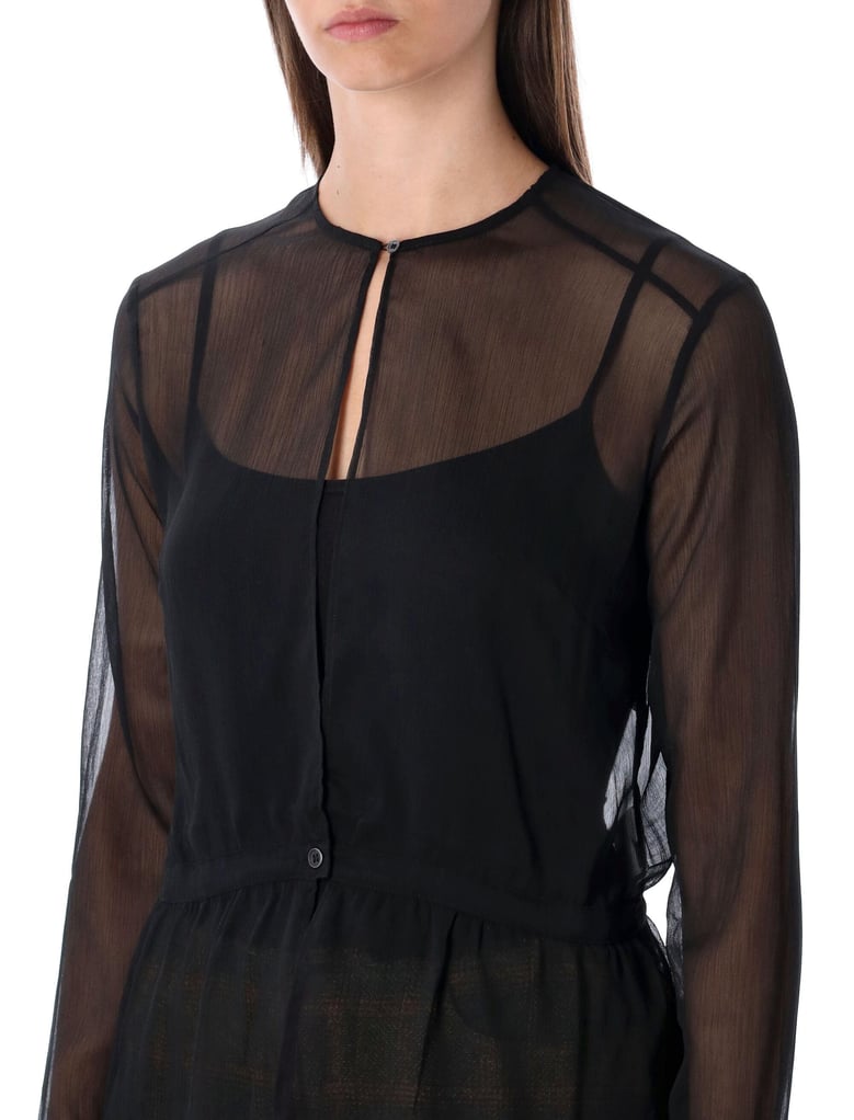 our legacy black sheer crinkle waist blouse by Selfnex