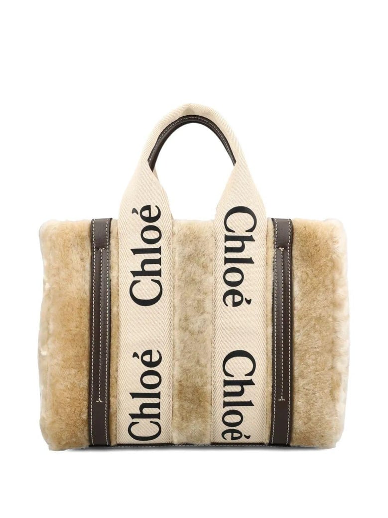 beige shearling small woody shopping bag by Selfnex