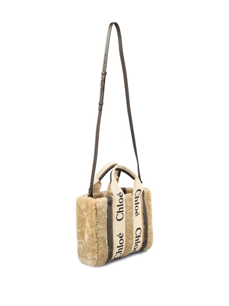 beige shearling small woody shopping bag by Selfnex