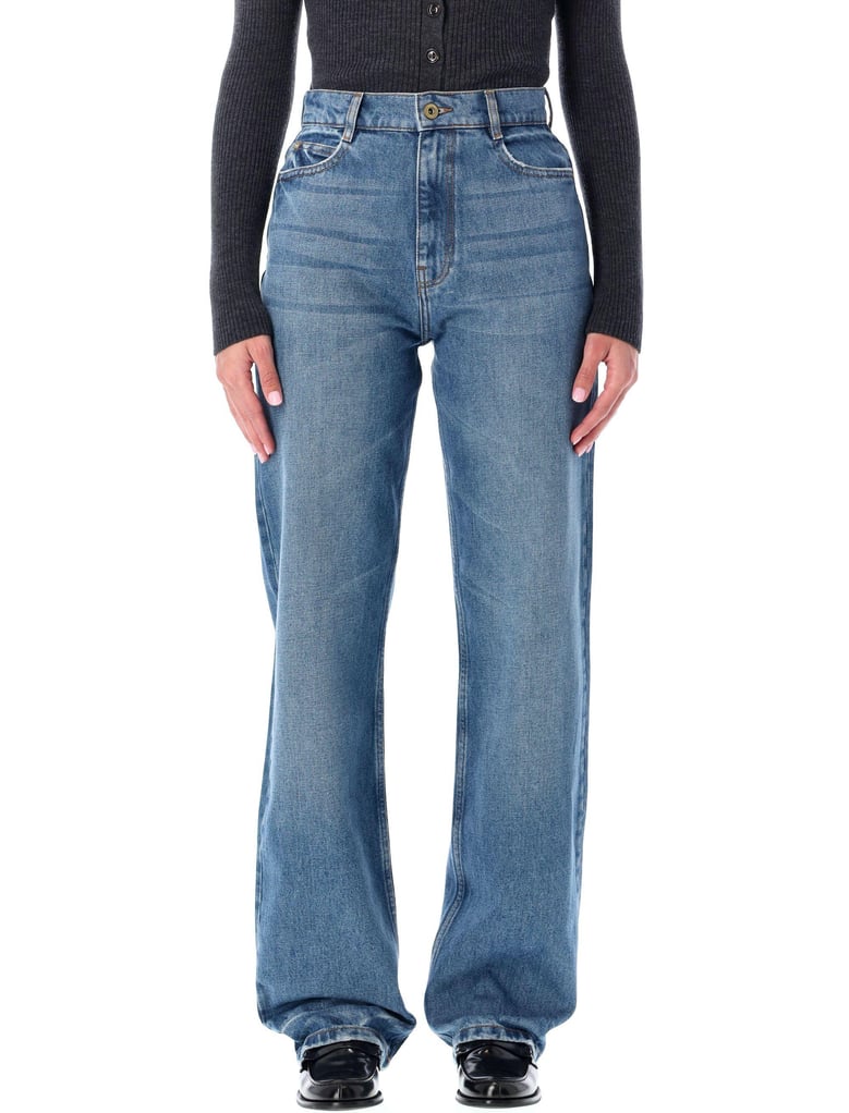 blue stonewash straight-leg jeans with relaxed fit by Selfnex