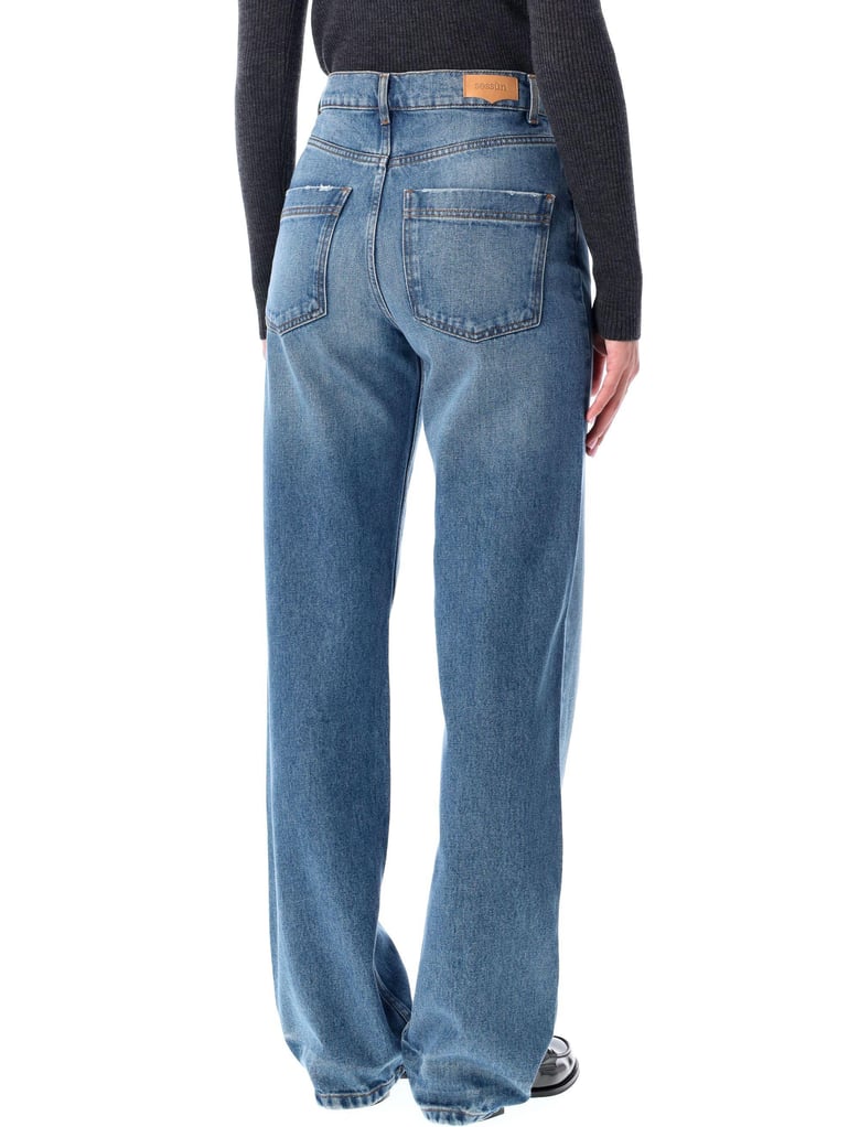 blue stonewash straight-leg jeans with relaxed fit by Selfnex
