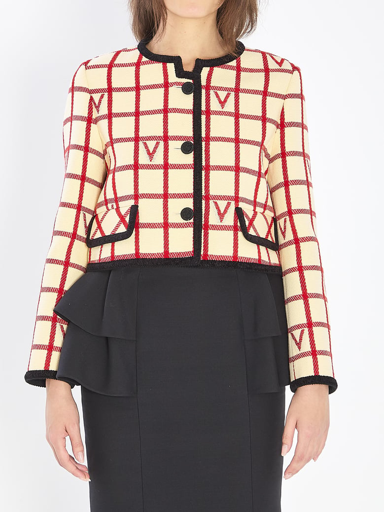 ivory jacket with check vlogo pattern by Selfnex