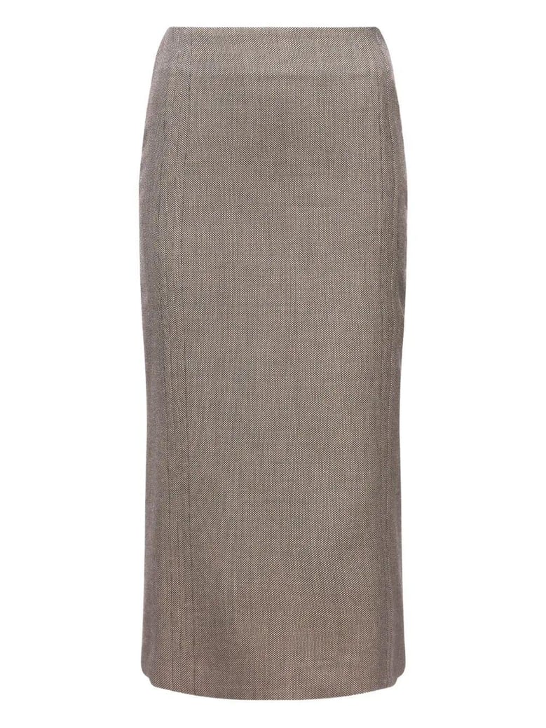 brown and beige patterned wool midi skirt by Selfnex